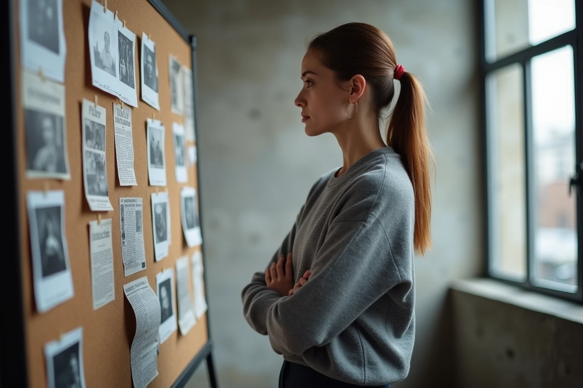 Femme chercheuse debout devant un tableau de liège couvert d'articles de presse et de photos dans un studio documentaire parisien