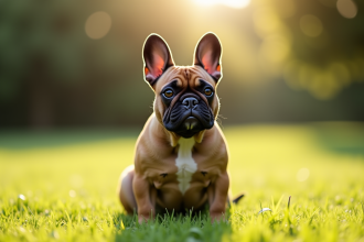 Bulldog français exotique sur pelouse en plein soleil