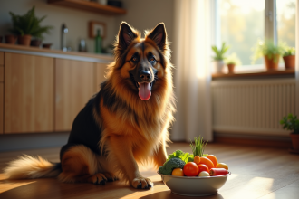 Chien berger allemand à poil long près d un bol de nourriture saine