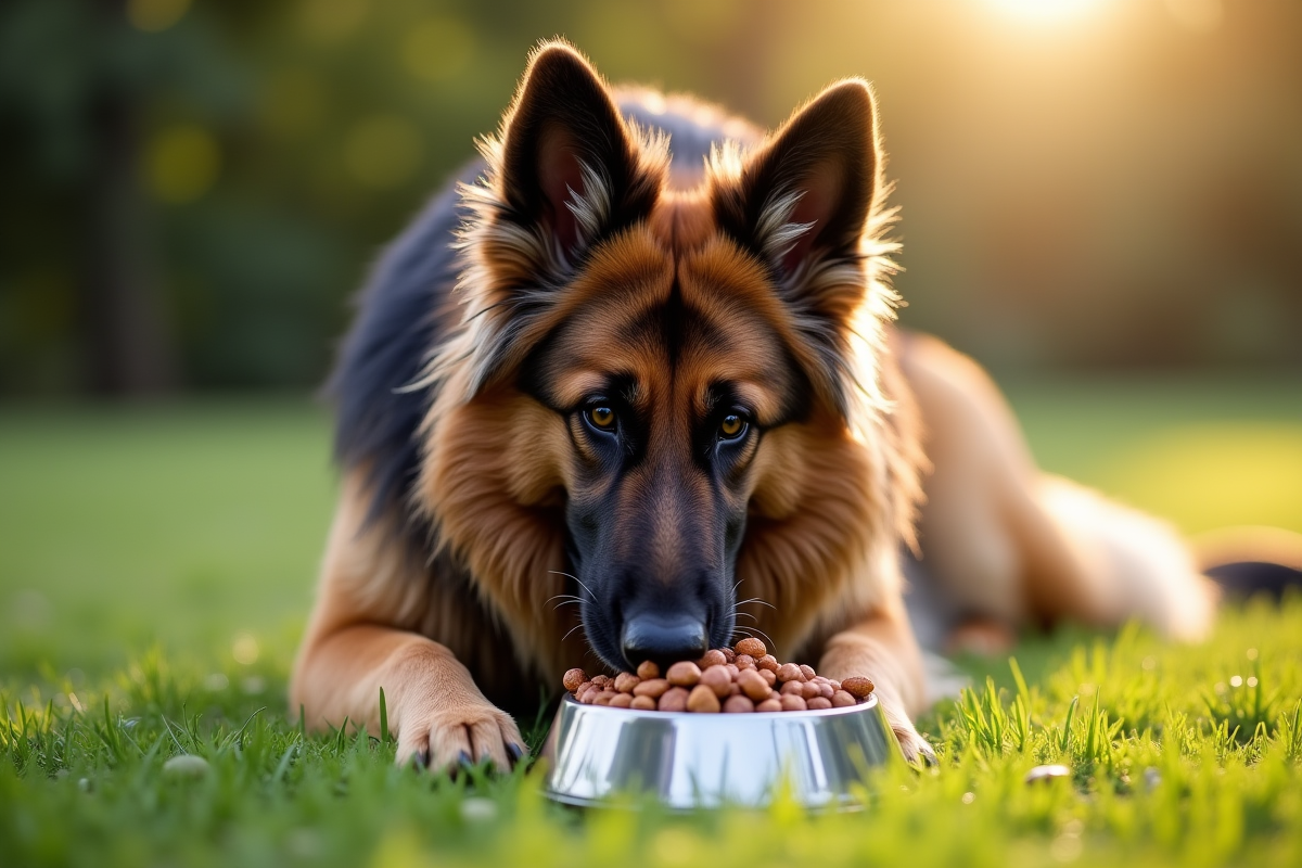 Chien berger allemand mangeant dehors dans l herbe verte