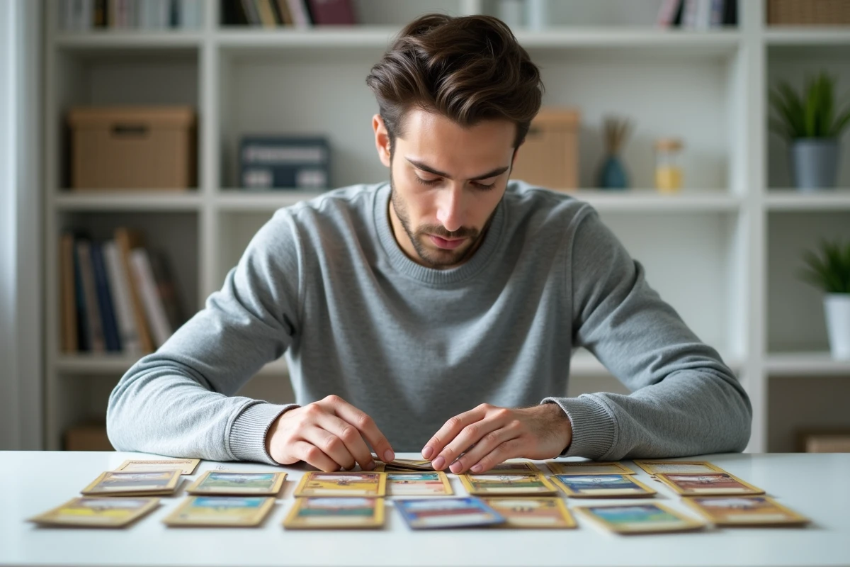 Jeune collectionneur masculin analysant plusieurs cartes Pokémon Pikachu disposées sur une table blanche dans un appartement moderne