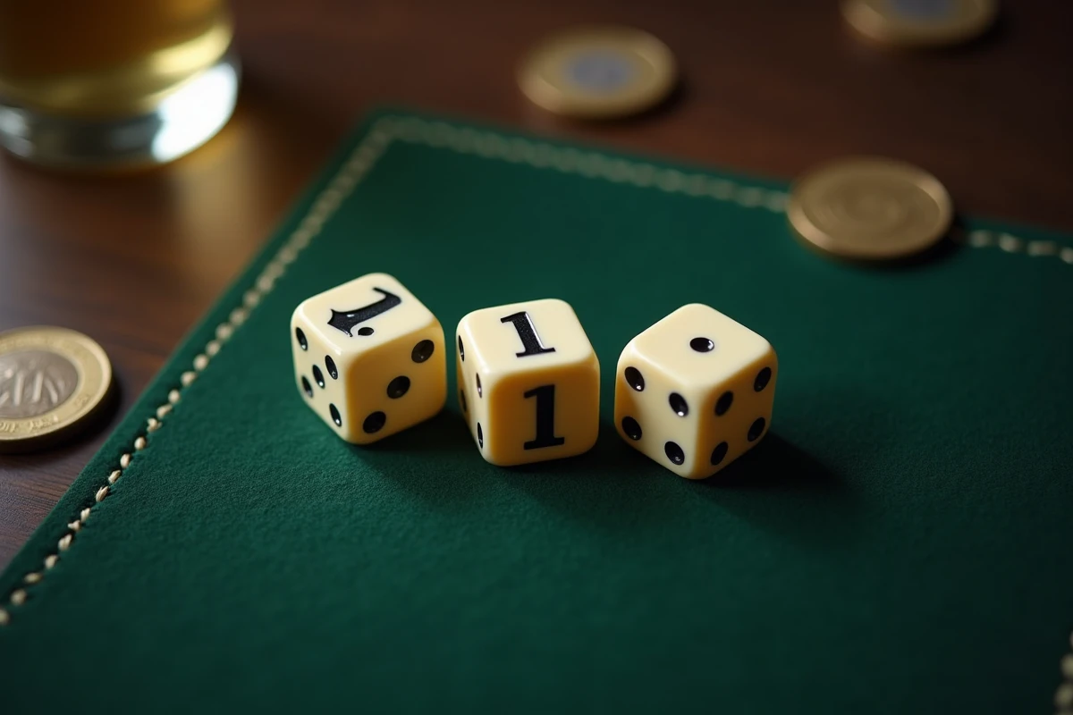 Gros plan des trois dés affichant la combinaison gagnante 4-2-1 sur un tapis de jeu vert avec pièces de monnaie