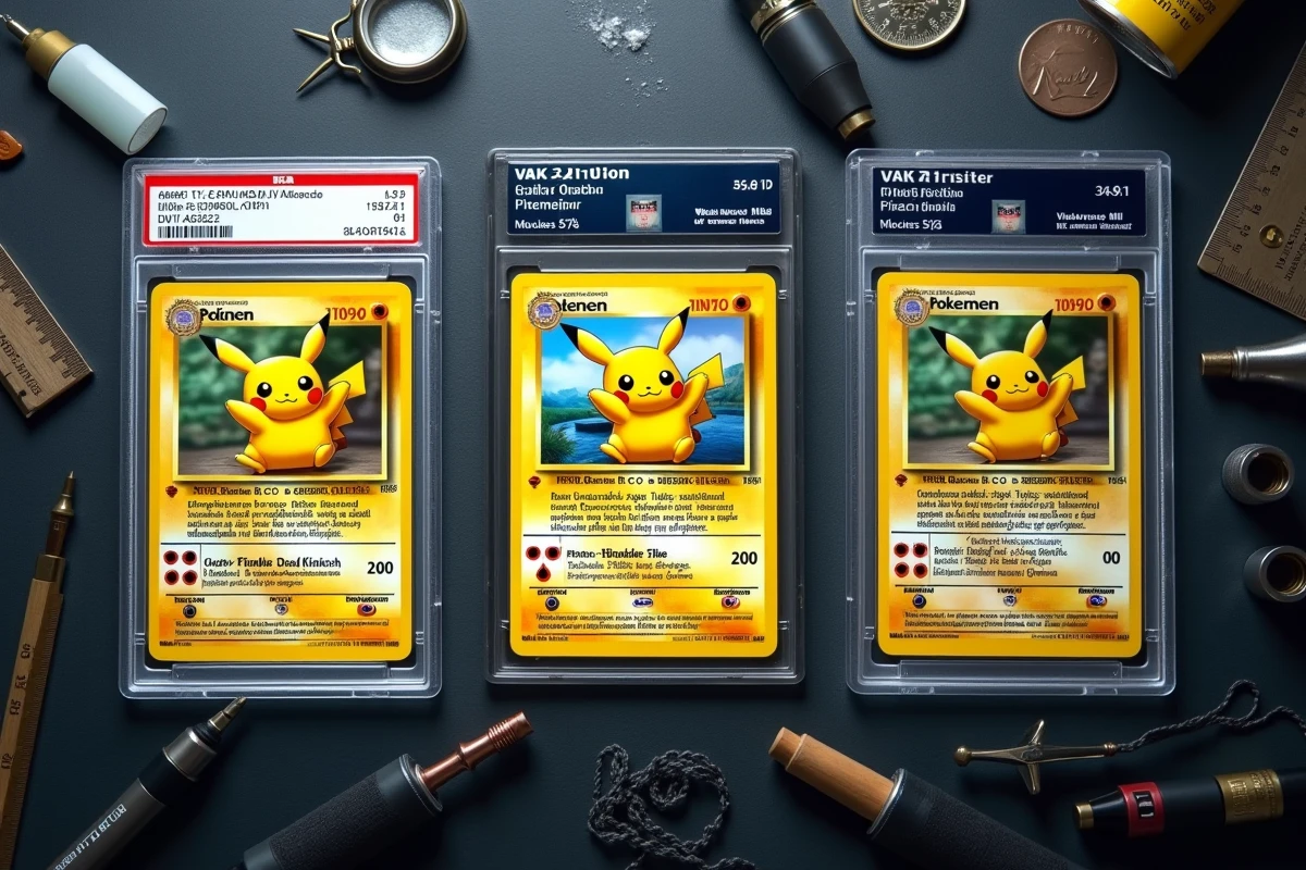 Vue aérienne comparant trois cartes Pokémon Pikachu authentique gradée, non gradée et contrefaite sur ardoise avec outils d'authentification