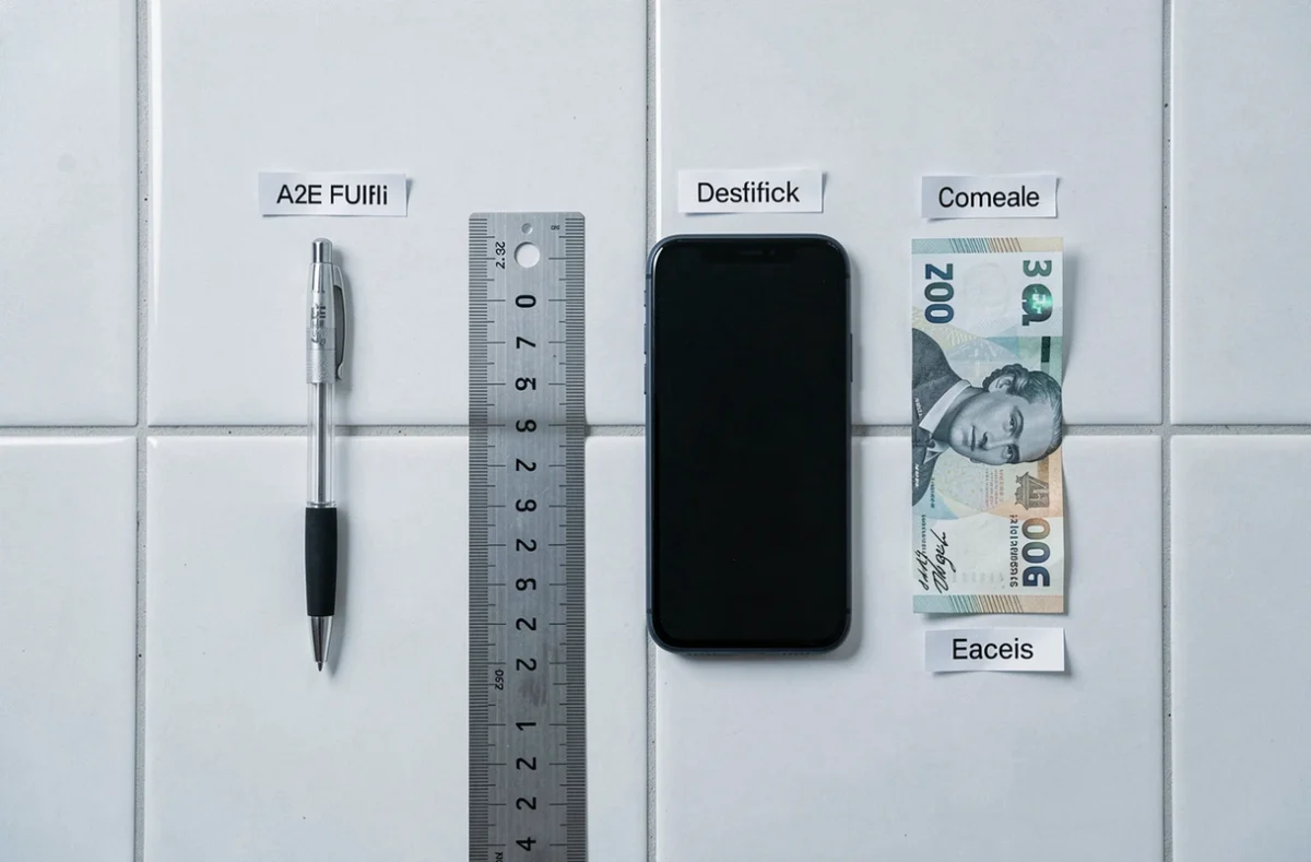 Vue du dessus d'objets du quotidien alignés sur un carrelage blanc comparés à une règle graduée indiquant 20,32 cm pour illustrer 8 pouces en taille réelle