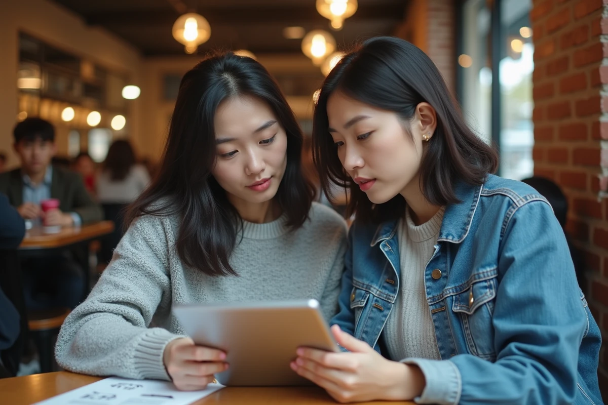 Deux femmes dans un café comparant un scan japonais de manga et sa traduction française sur papier et tablette