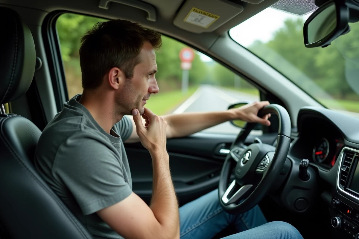 Conducteur scrutant le compteur de vitesse d'une voiture de location pour comprendre la conversion miles par heure en kilomètres par heure
