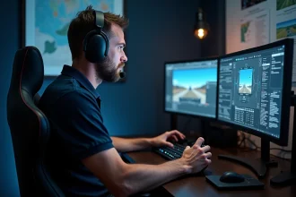 Pilote passionné configurant un simulateur de vol Phantom sur un cockpit maison multi-écrans avec manette des gaz et palonnier