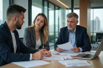 Conseiller financier avec couple en réunion d'affaires