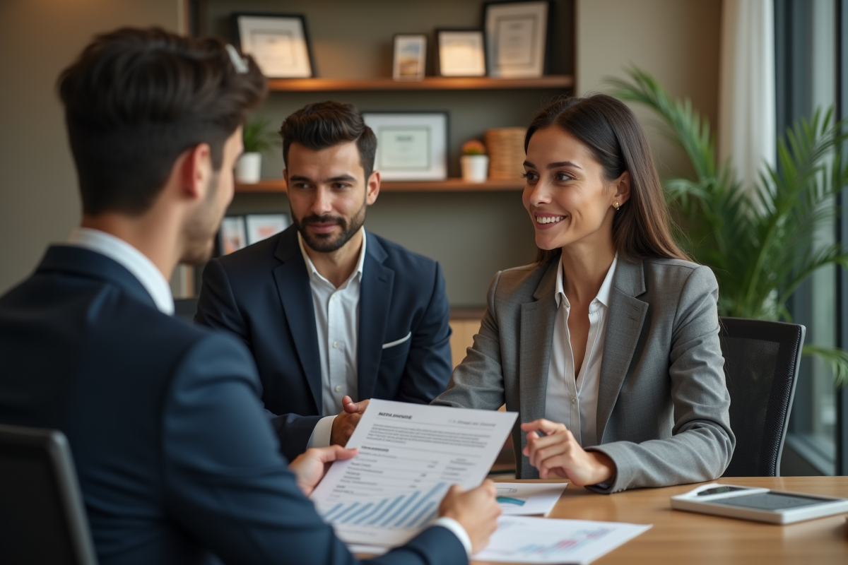 Conseillère en prêt immobilier discute avec un jeune couple au bureau