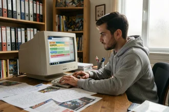 Jeune homme consultant des archives de forums JVC sur un ordinateur de bureau dans un bureau à domicile entouré de notes et de captures d'écran imprimées