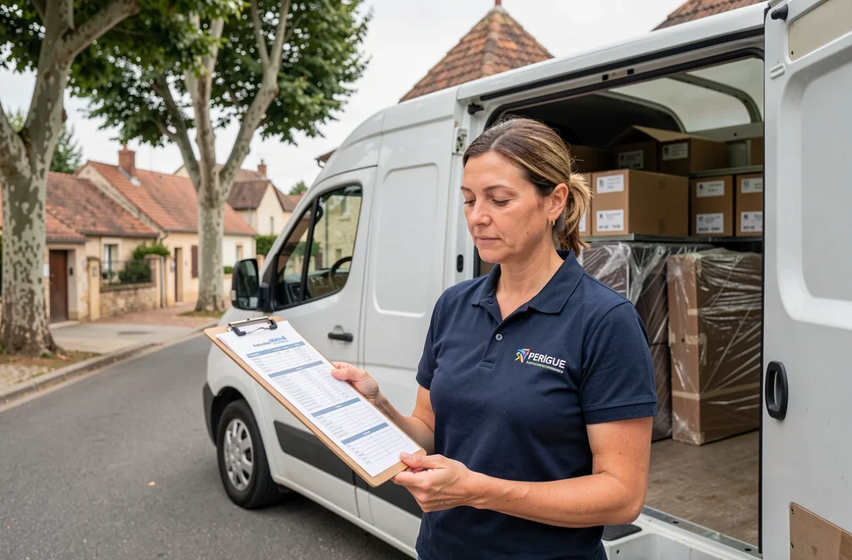 Coordinatrice d'une entreprise de déménagement vérifiant un inventaire devant un camion à Périgueux en Dordogne