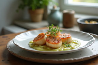 Assiette de coquilles saint jacques bretonnes avec poireaux