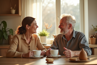 Couple souriant partageant un café dans une cuisine lumineuse
