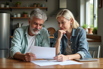 Couple d'adultes examine documents de prêt immobilier à la maison
