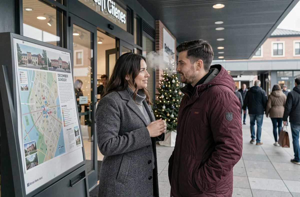 Couple consultant un plan de centre commercial devant l'entrée d'un mall ouvert le dimanche avant Noël en décembre