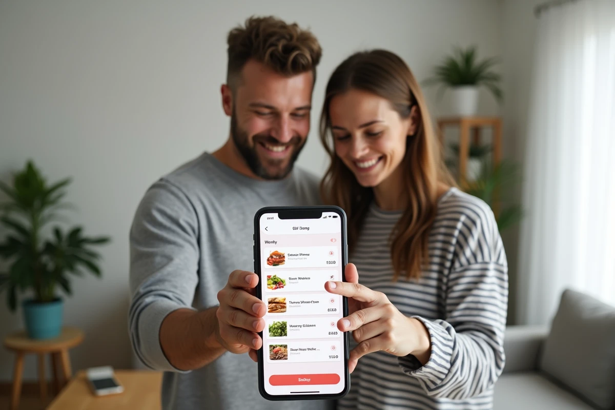 Couple planifiant leur liste de courses hebdomadaire sur l'application Drive Leclerc Senlis