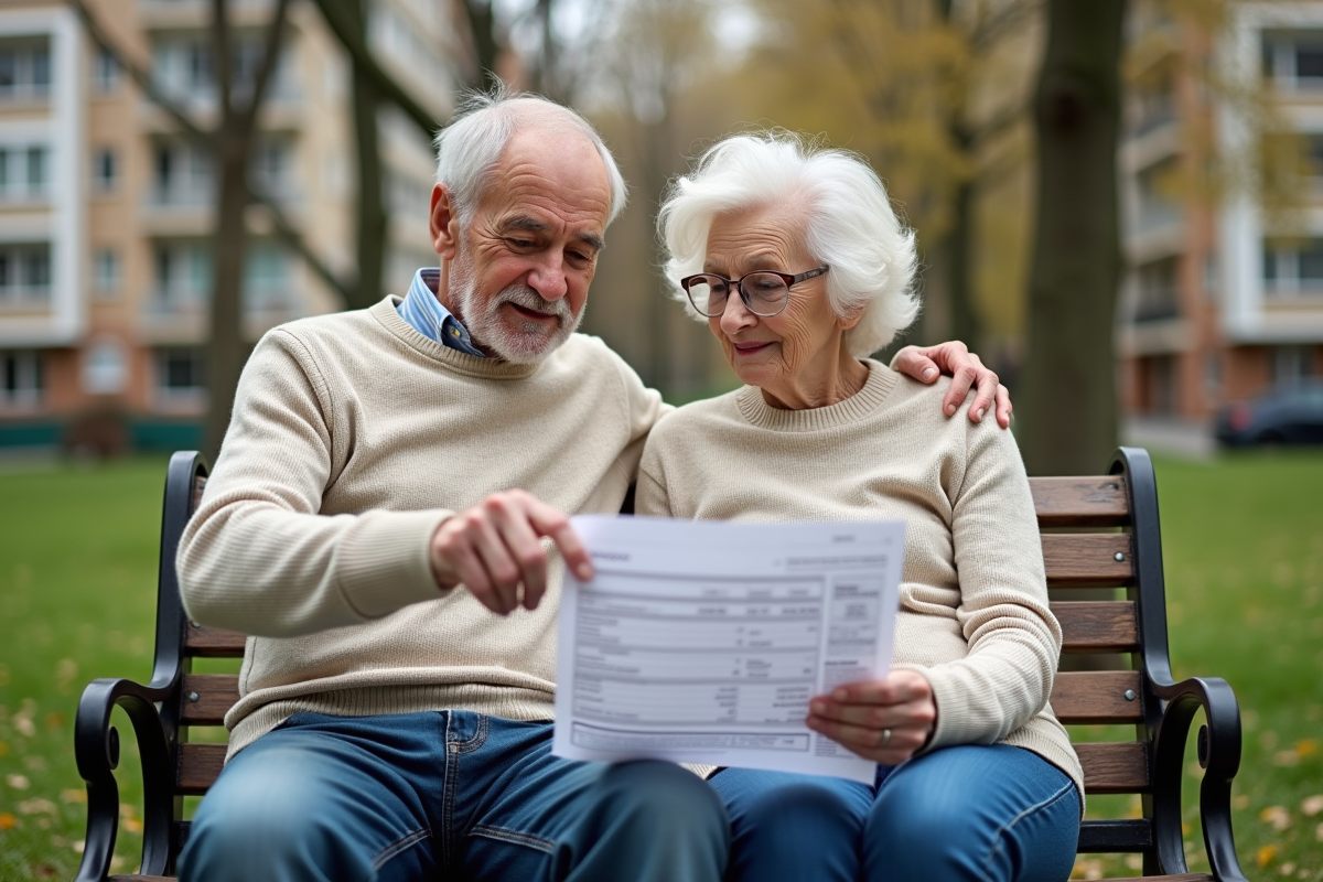 Couple âgé examinant un relevé de pension dans un parc