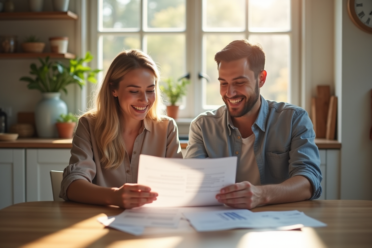 Jeune couple soulagé à la table de cuisine avec un conseiller financier