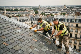Équipe de couvreurs professionnels travaillant sur un toit en ardoise de style haussmannien dans les Hauts-de-Seine