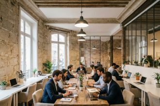 Espace de coworking parisien aménagé dans un bâtiment haussmannien rénové avec pierres apparentes et bureaux modernes