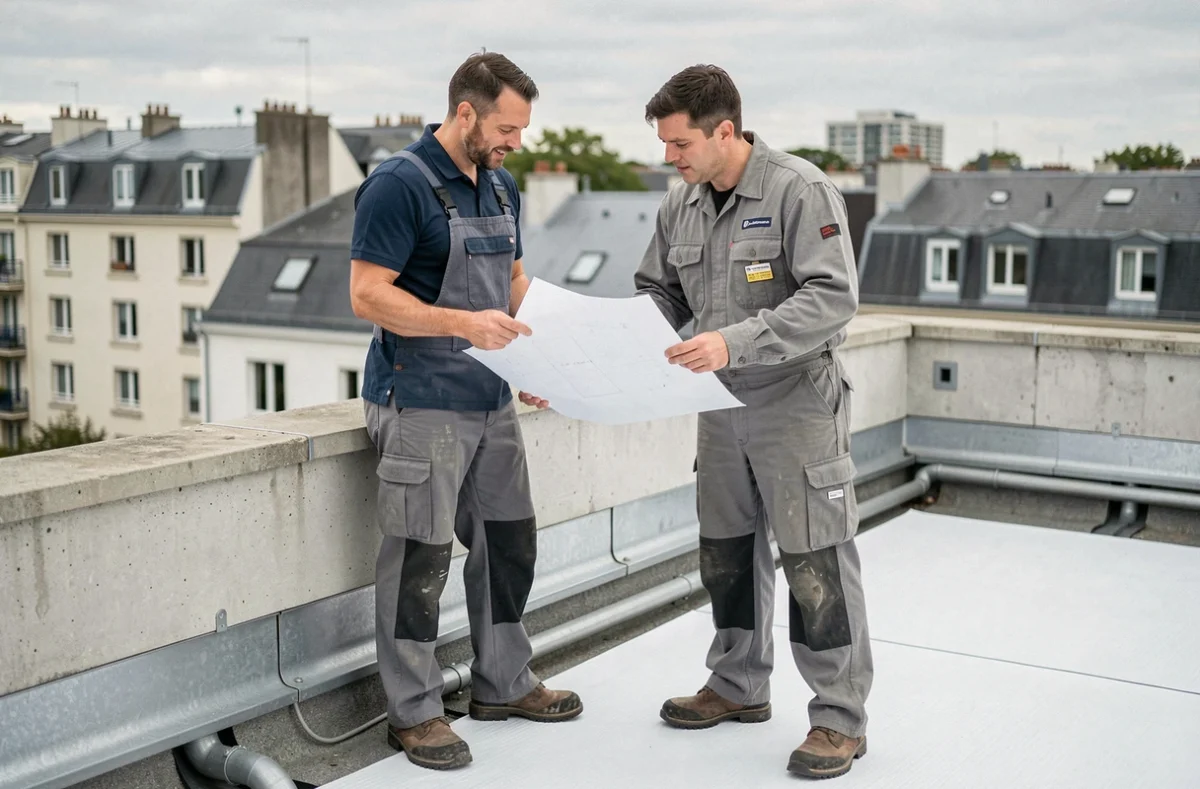 Entrepreneur Créactif HMB discutant des plans de rénovation de toiture avec un propriétaire sur une terrasse plate à Hauts-de-Seine
