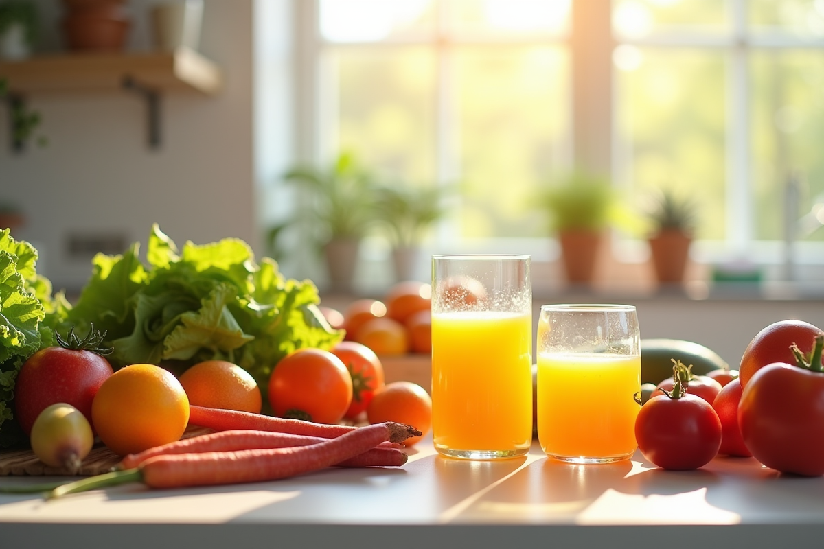 Plan de la cuisine avec fruits et légumes frais pour le jus