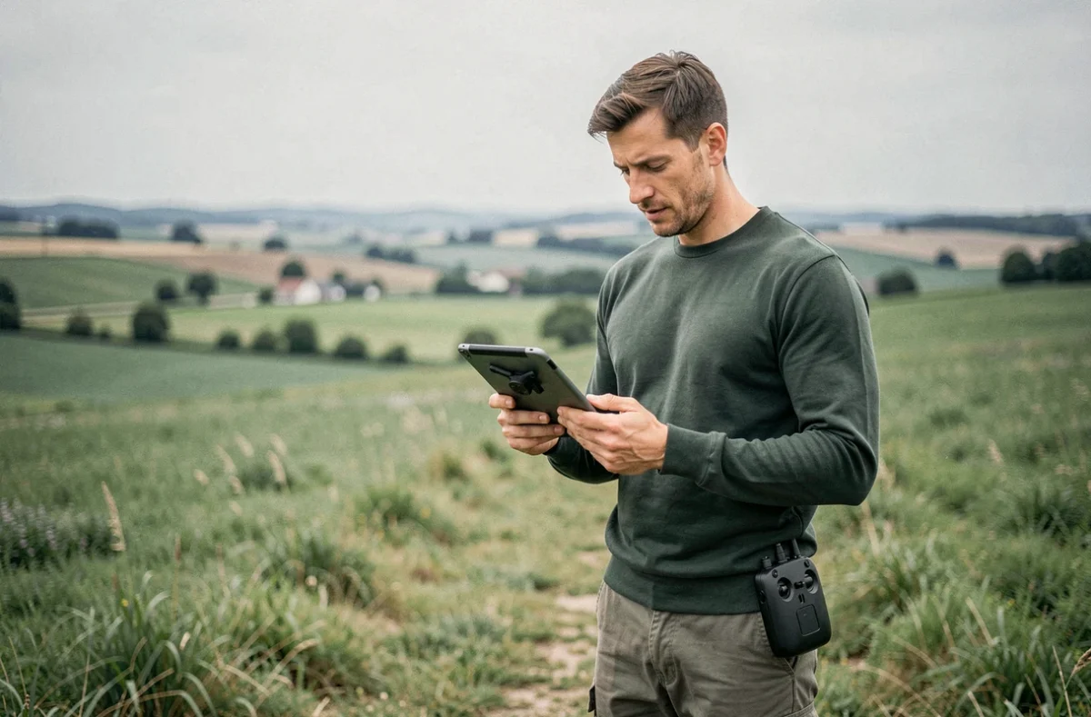 Cyril Armada, vidéaste vérifiant des images de drone dans la campagne près de Nancy