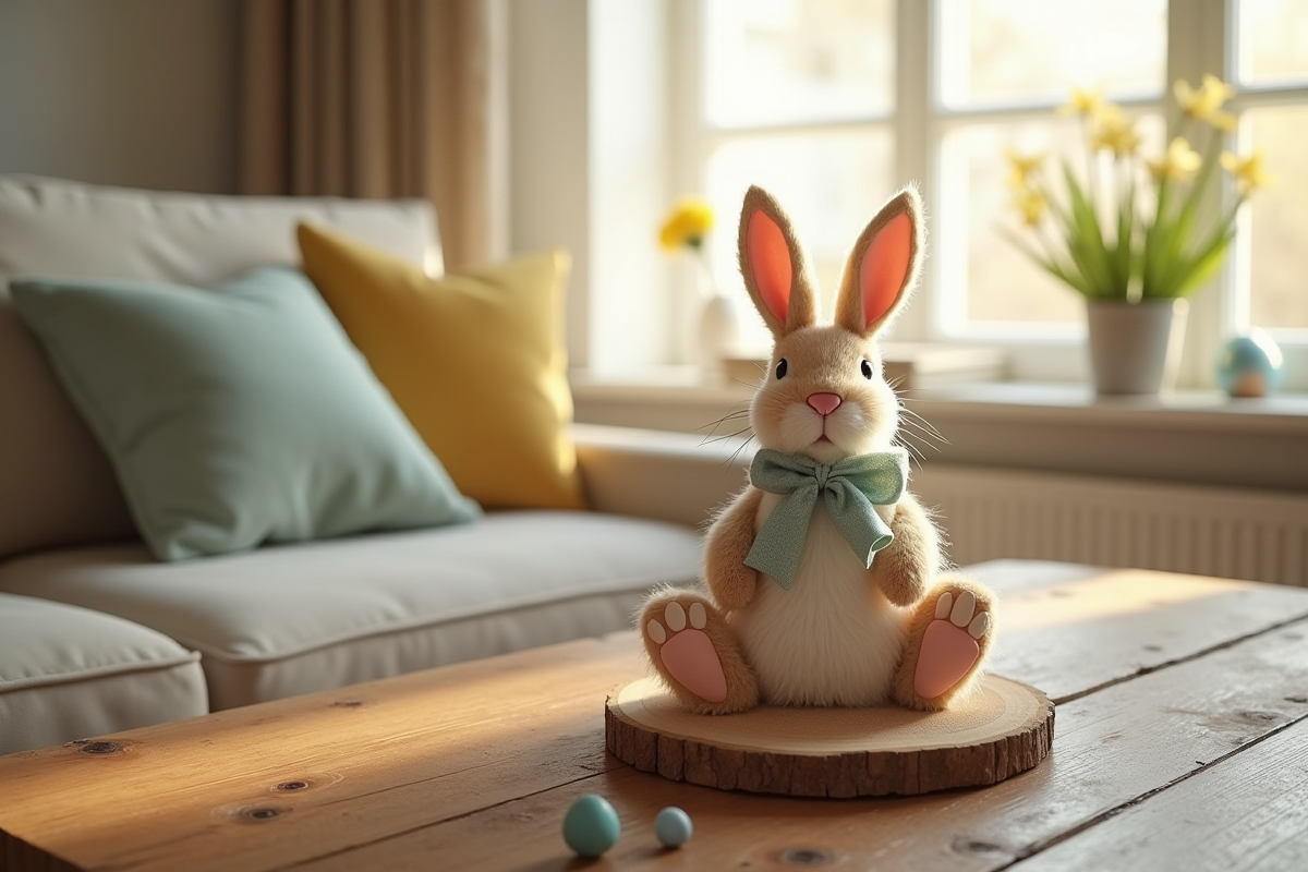 Salon cosy avec decoration de Pâques et lapin en tissu
