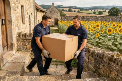 Deux déménageurs professionnels portant des cartons devant une maison en pierre traditionnelle en Dordogne