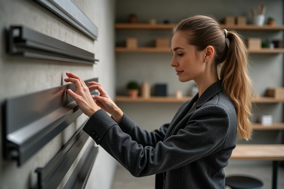 Designer intérieure inspectant des échantillons de profils en inox brossé et poli miroir dans un studio de conception professionnel