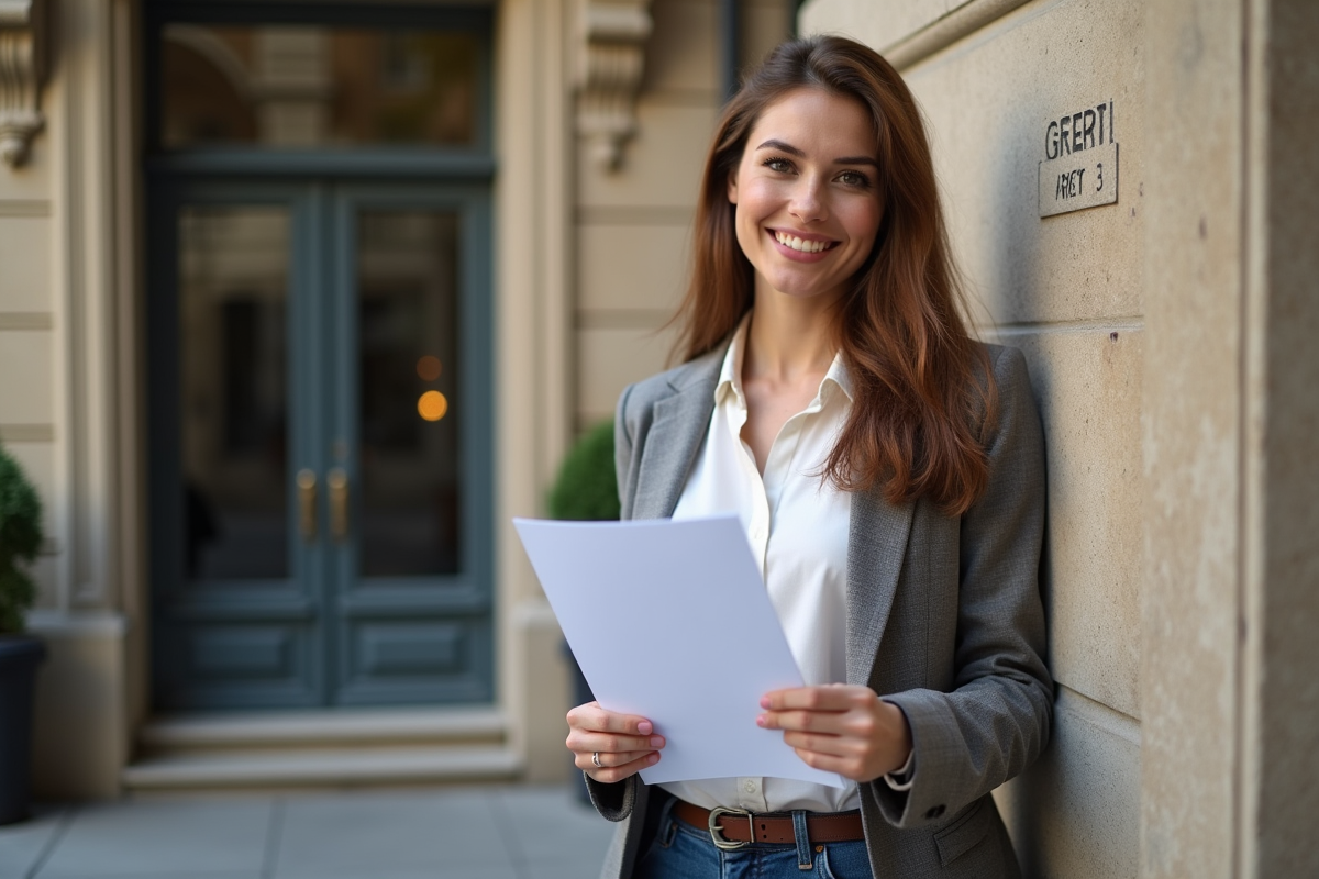 Jeune femme tenant un rapport DPE devant un immeuble parisien