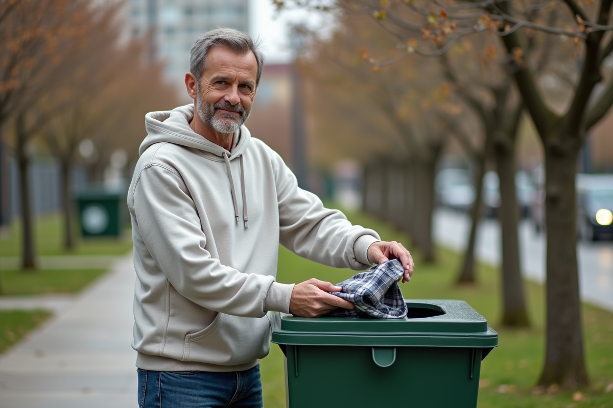 Homme déposant un vêtement dans une borne de don en ville