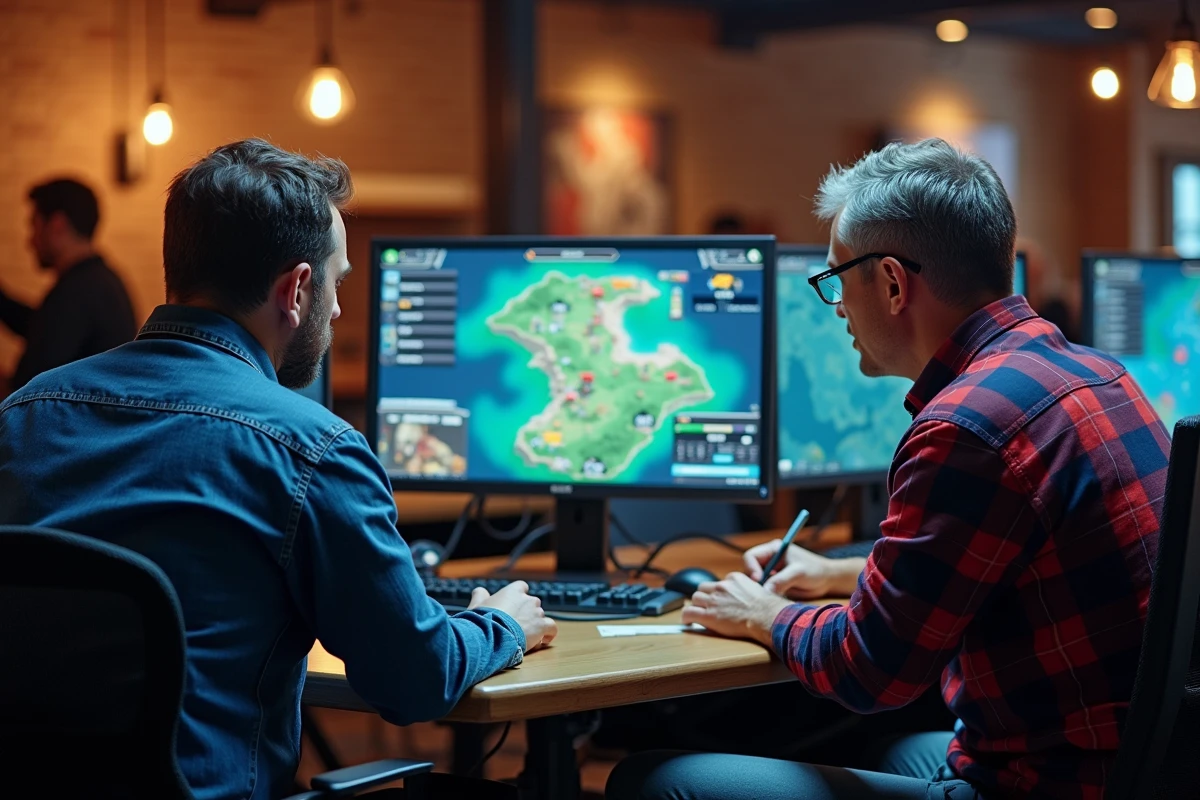 Deux hommes évaluant ensemble les critères d'un jeu de stratégie de guerre dans un café gaming