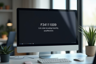 Ecran d'ordinateur affichant une erreur F34111009 dans un bureau lumineux