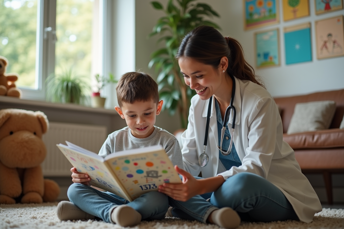 Éducatrice avec un enfant lisant un livre dans un bureau d