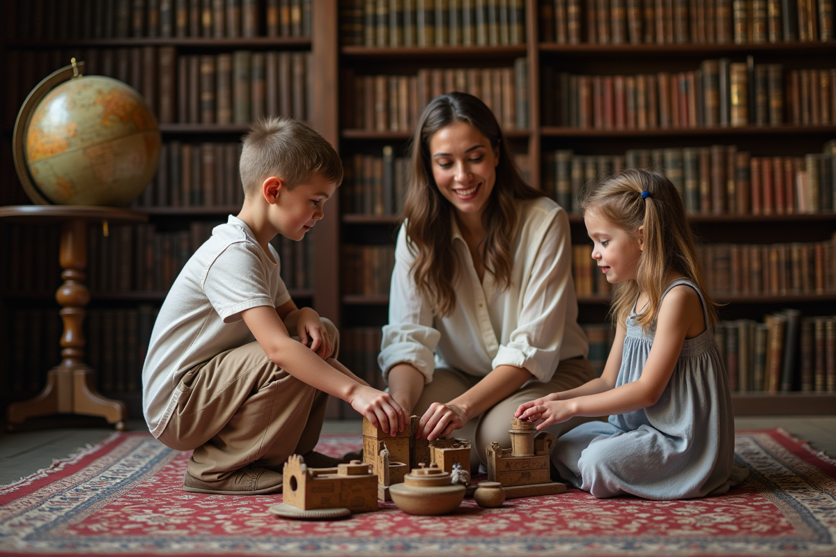 Educatrice avec jouets anciens dans une bibliothèque historique