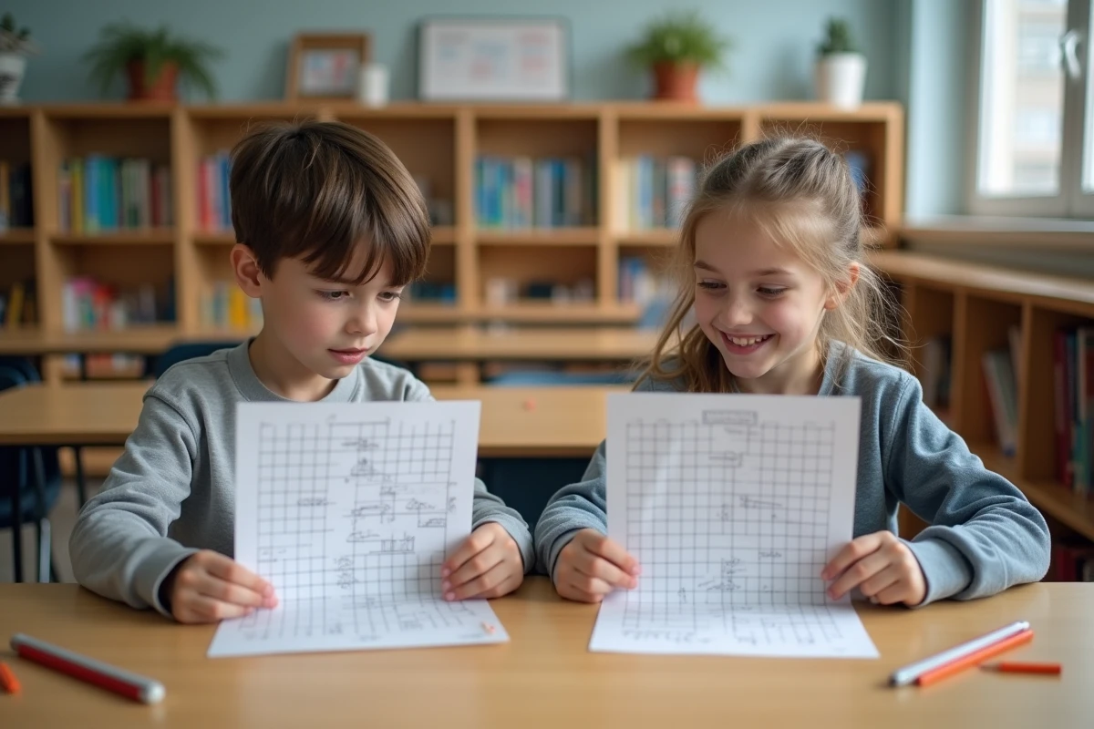 Deux élèves jouant à la bataille navale avec des grilles imprimées sur papier en classe
