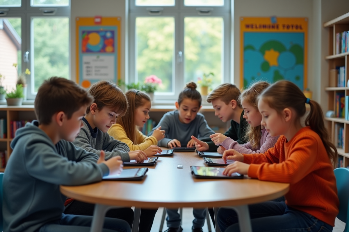 Groupe d'élèves au collège utilisant des tablettes numériques