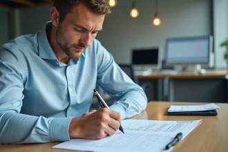 Employé de bureau annotant une feuille de temps en heures centésimales pour le calcul des heures supplémentaires