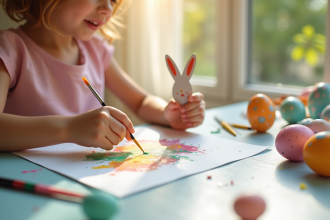 Mains d'enfant peignant une poupee de Pâques faite main