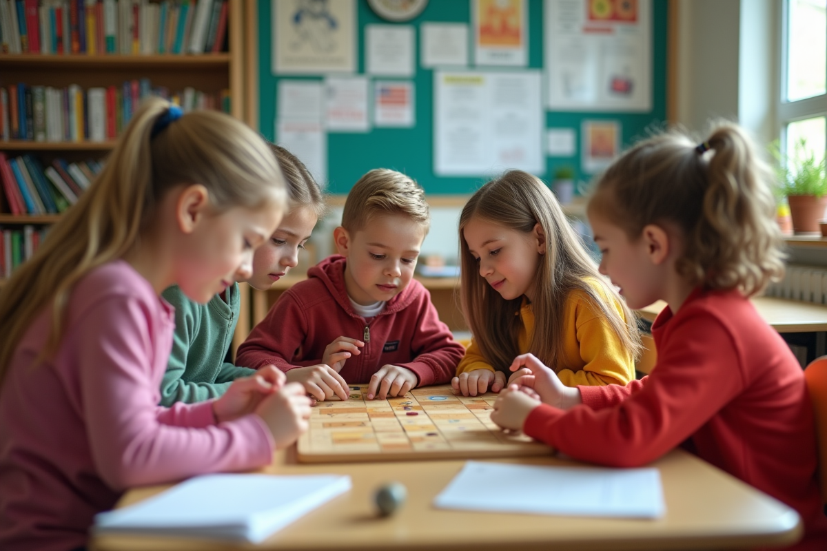 Enfants d'école primaire jouant ensemble dans une salle lumineuse