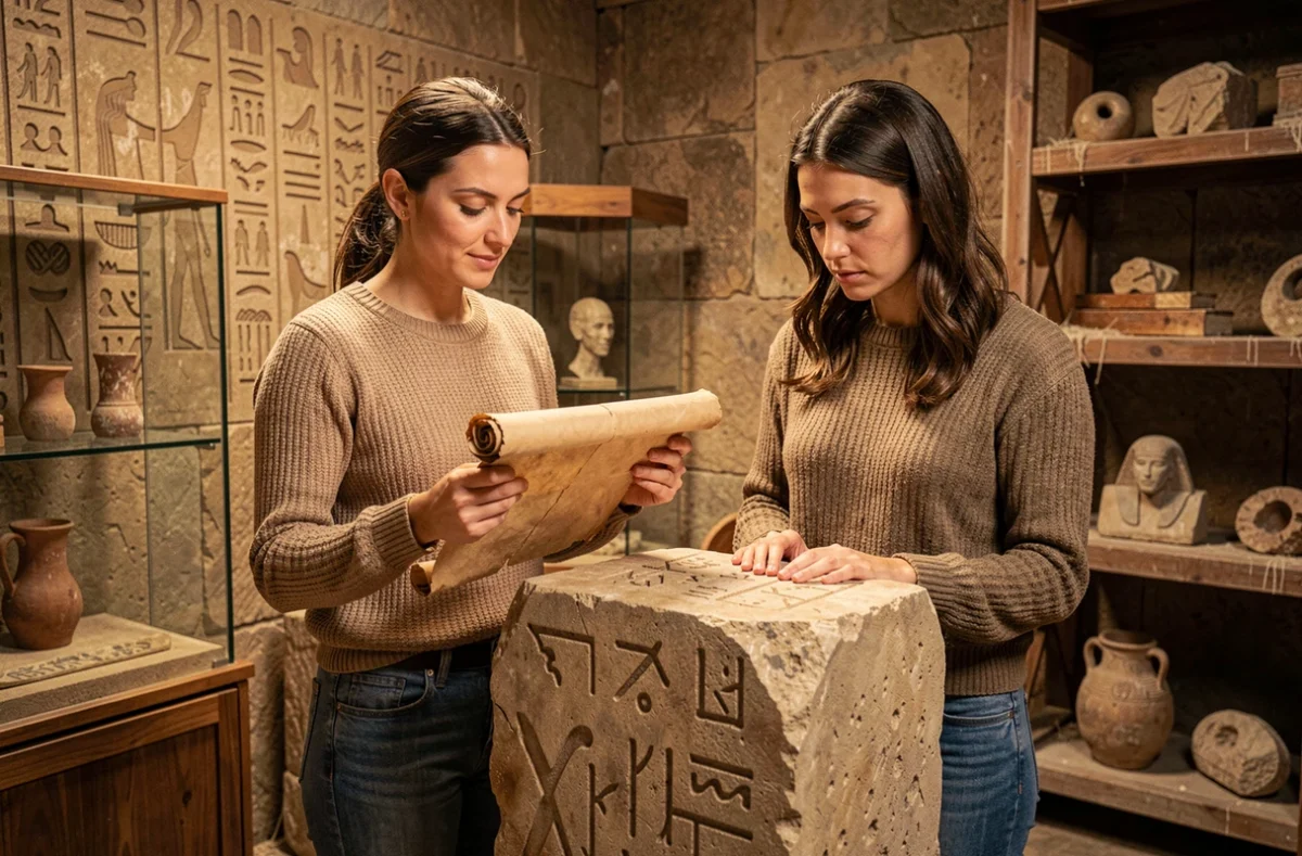 Joueuse adulte comparant un parchemin aux symboles gravés sur un piédestal dans l'escape game Enigma Escape à Toulouse
