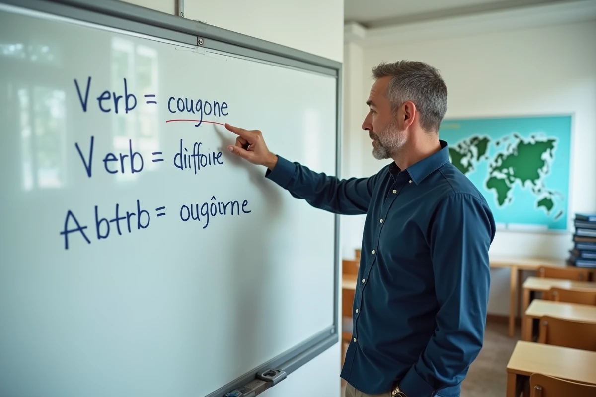 Enseignant de français devant un tableau blanc avec des conjugaisons de verbes écrites au marqueur, expliquant la différence entre appelle et appelles