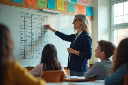 Enseignante expliquant les règles de la bataille navale sur un tableau blanc en classe