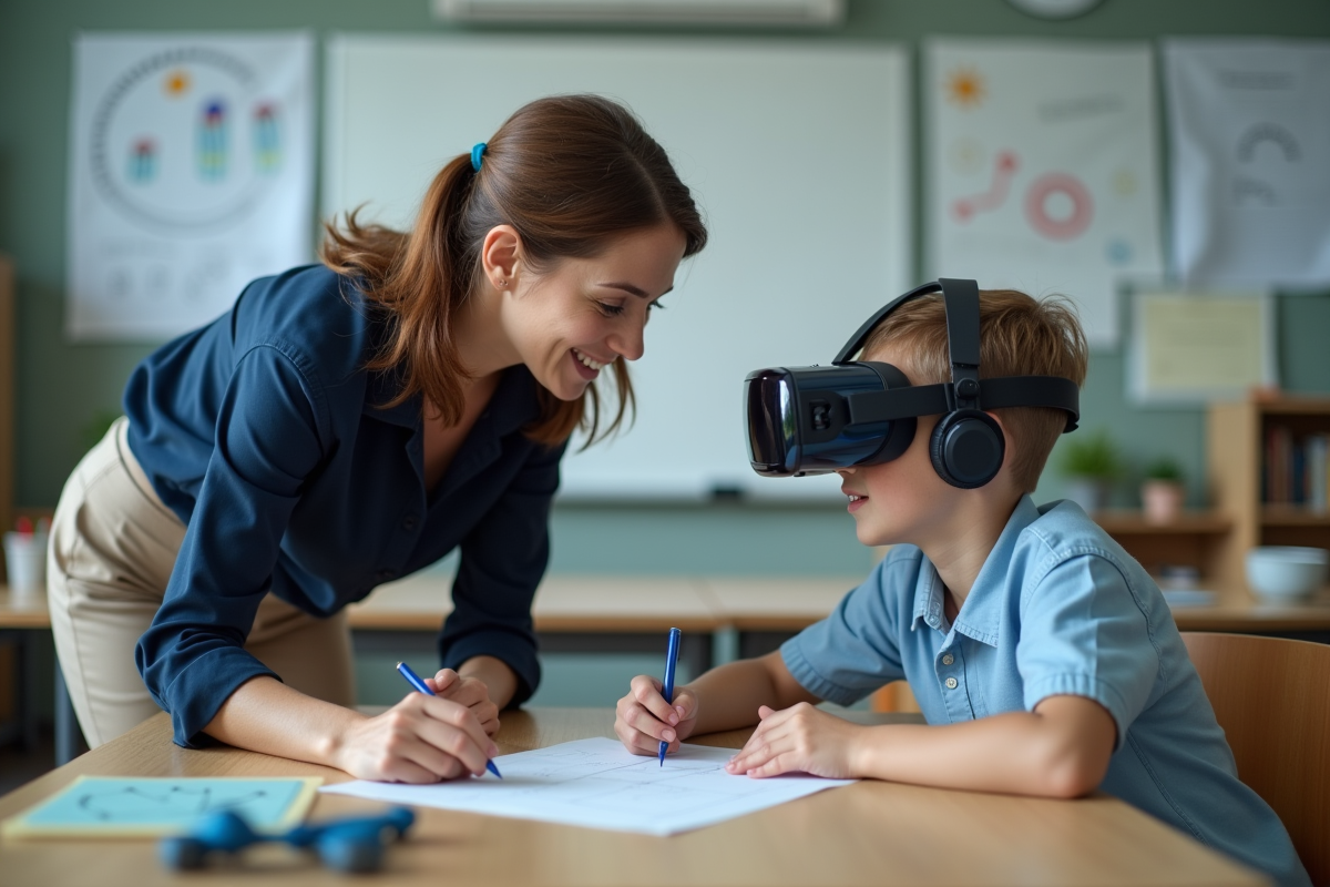 Professeure avec un casque de réalité augmentée en laboratoire scolaire
