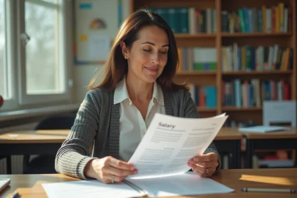 Professeure d age moyen examine documents de salaire dans une classe lumineuse