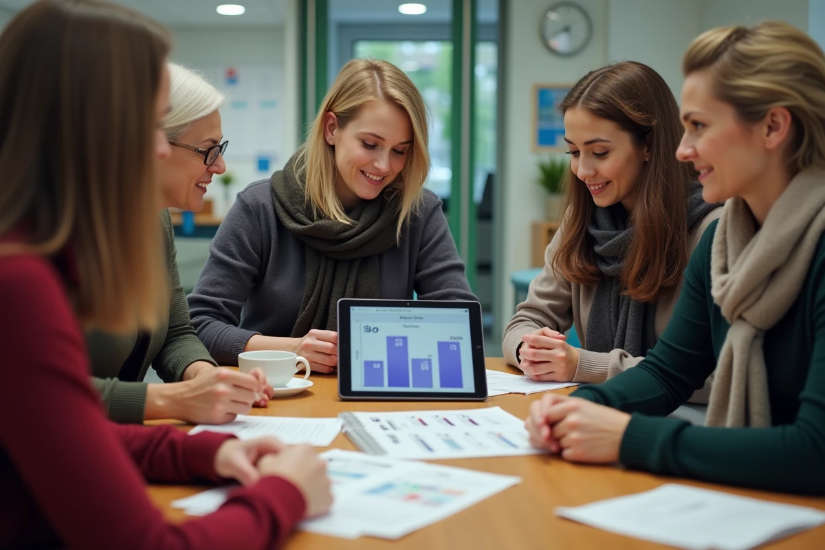 Groupe d enseignants discutant autour d une table dans la salle du personnel