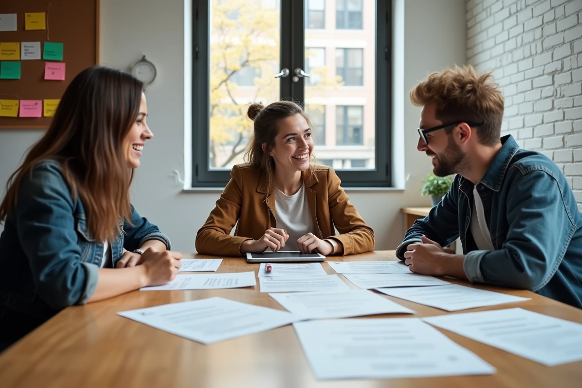 Équipe associative en réunion de travail autour d'un projet de stratégie web pour leur association