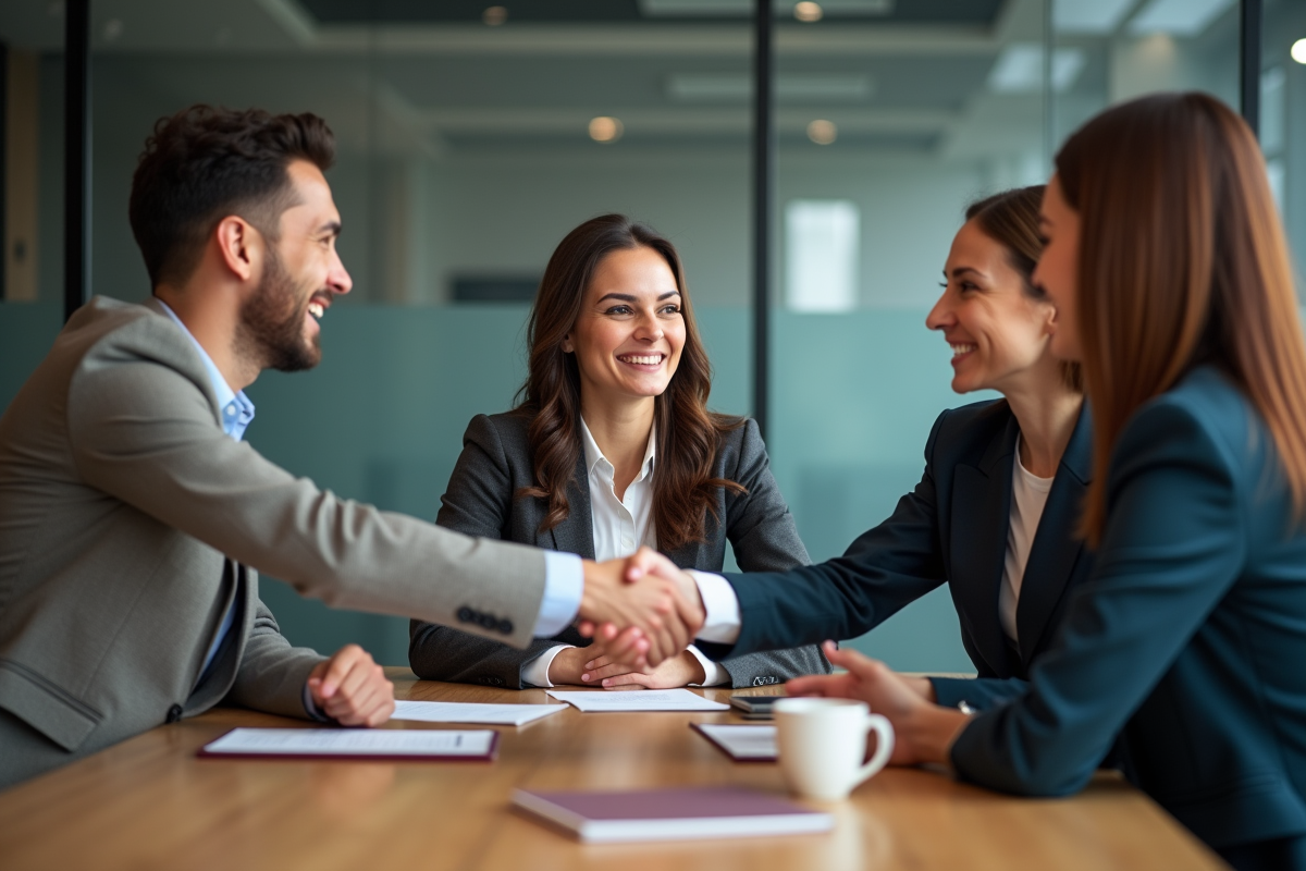 Équipe diverse en réunion pour un partenariat professionnel