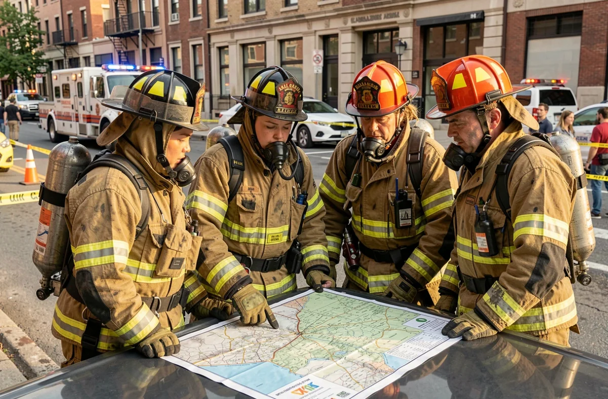 Équipe de pompiers en tenue d'intervention consultant une carte tactique sur le capot d'un véhicule de commandement en milieu urbain